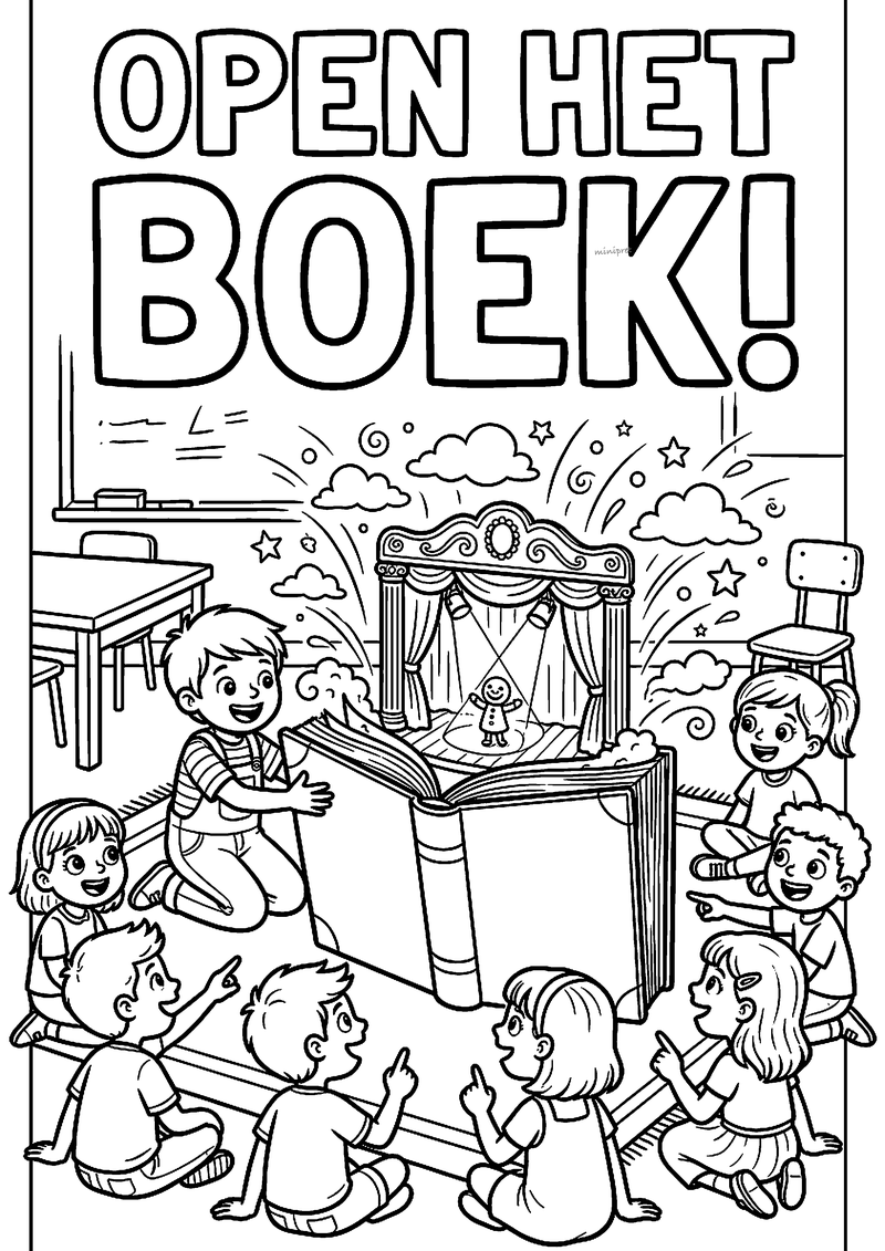 Kleurplaat van kinderen rond een reuzenboek waaruit een theatertje met spots en sterren opduikt