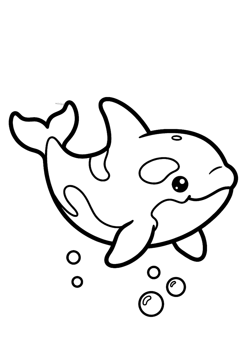 Kleurplaat van een lachende baby orka met grote vlekken op kop en buik die zwemt tussen luchtbelletjes