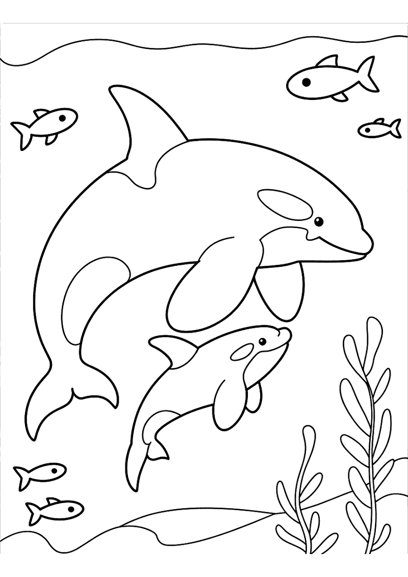 Kleurplaat van een grote orka die naast een klein orkakalfje zwemt in een onderwaterscene met kleine vissen en zeeplante