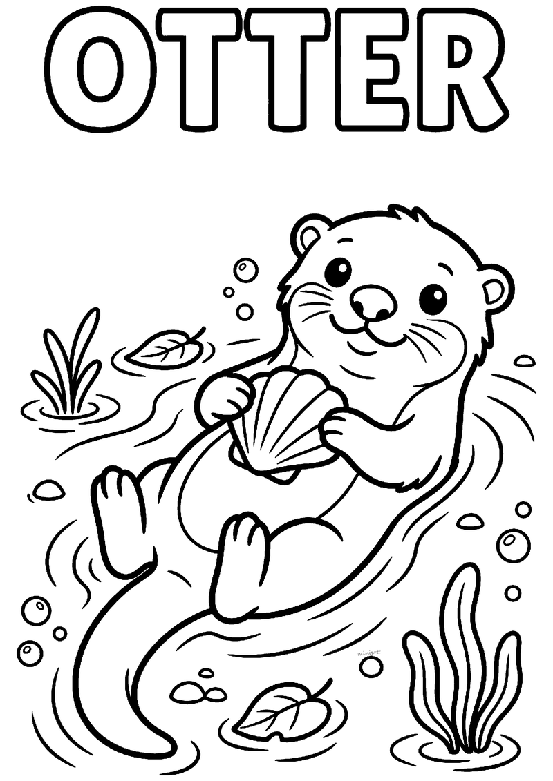 Kleurplaat van een lachende otter die op zijn rug in het water drijft met een schelp, tussen belletjes en planten