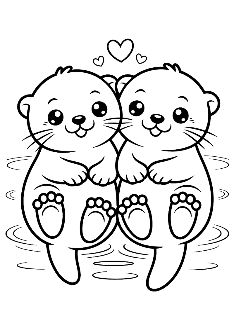 Kleurplaat van twee kawaii otters die op hun rug drijven en pootjes vasthouden onder een kleine hartjes.