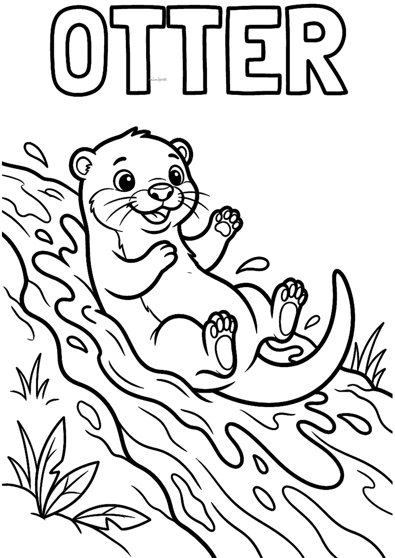 Kleurplaat van een lachende otter die op zijn rug van een natte modderhelling glijdt met spetters, met OTTER erboven