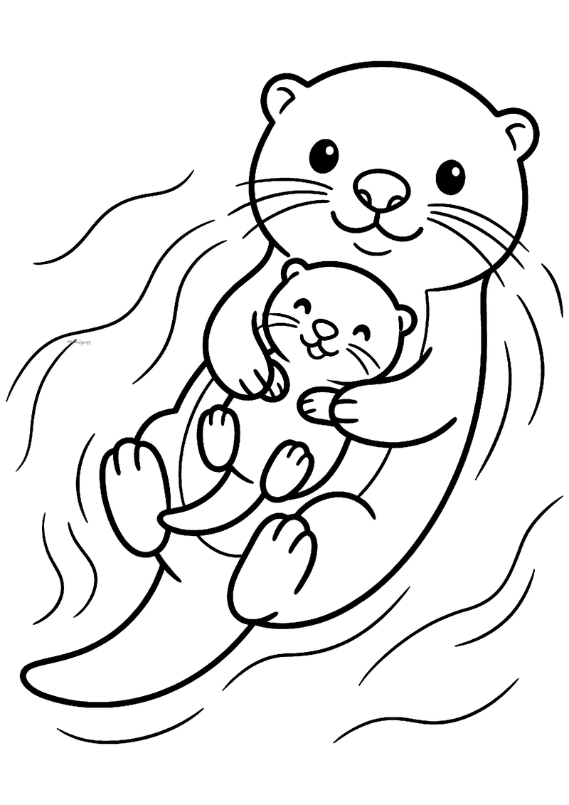 Kleurplaat van een otter moeder die op haar rug in het water drijft met haar baby veilig op haar buik