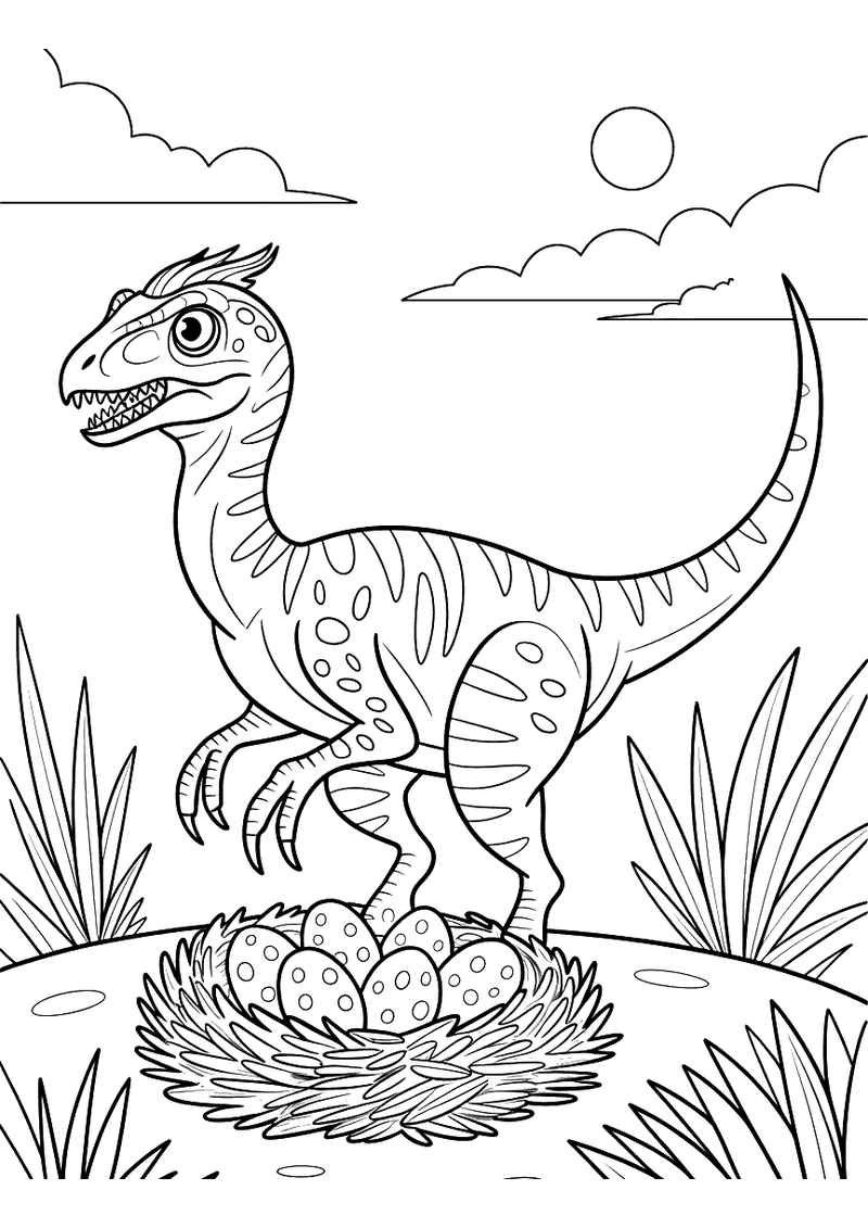 Kleurplaat van een Oviraptor die alert naast een nest vol gevlekte eieren staat op een open vlakte met gras en een zon a