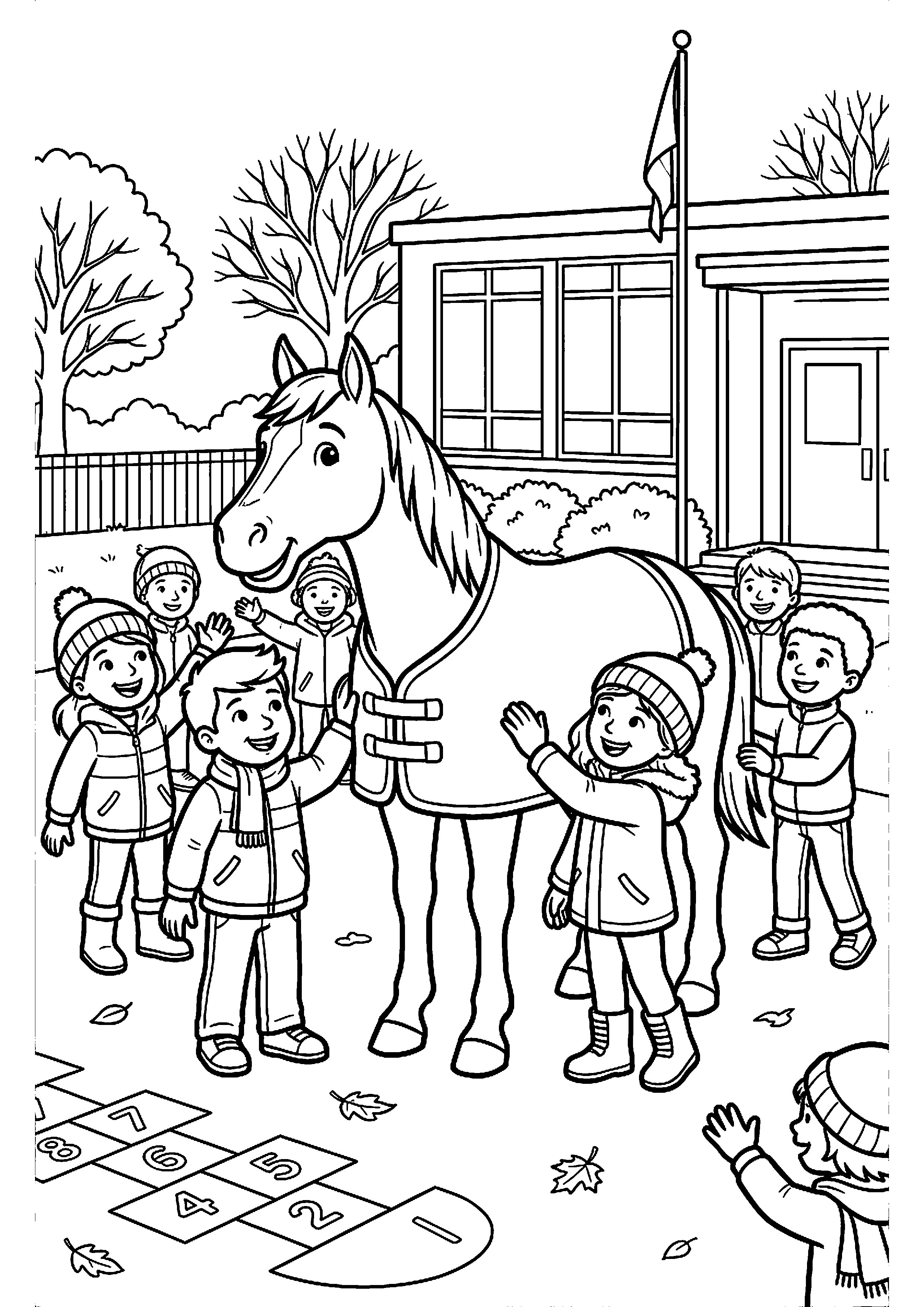 Ozosnel bij school met kinderen kleurplaat — gratis kleurplaat