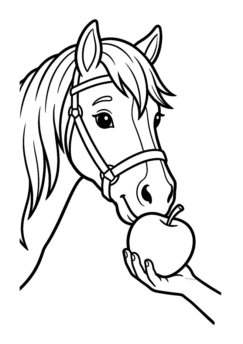 Kleurplaat van het paard Ozosnel close-up dat een appel uit een hand eet