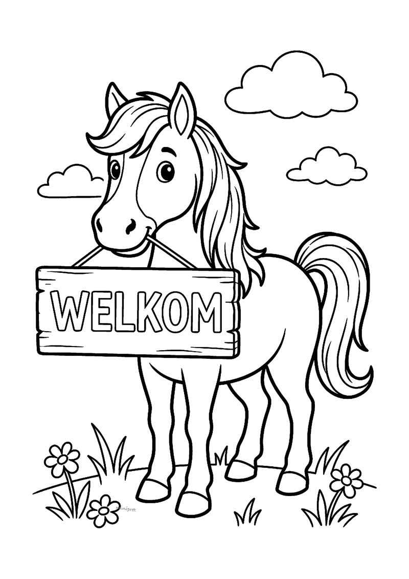 Kleurplaat van paard Ozosnel met houten WELKOM-bord in de bek tussen bloemen en wolken