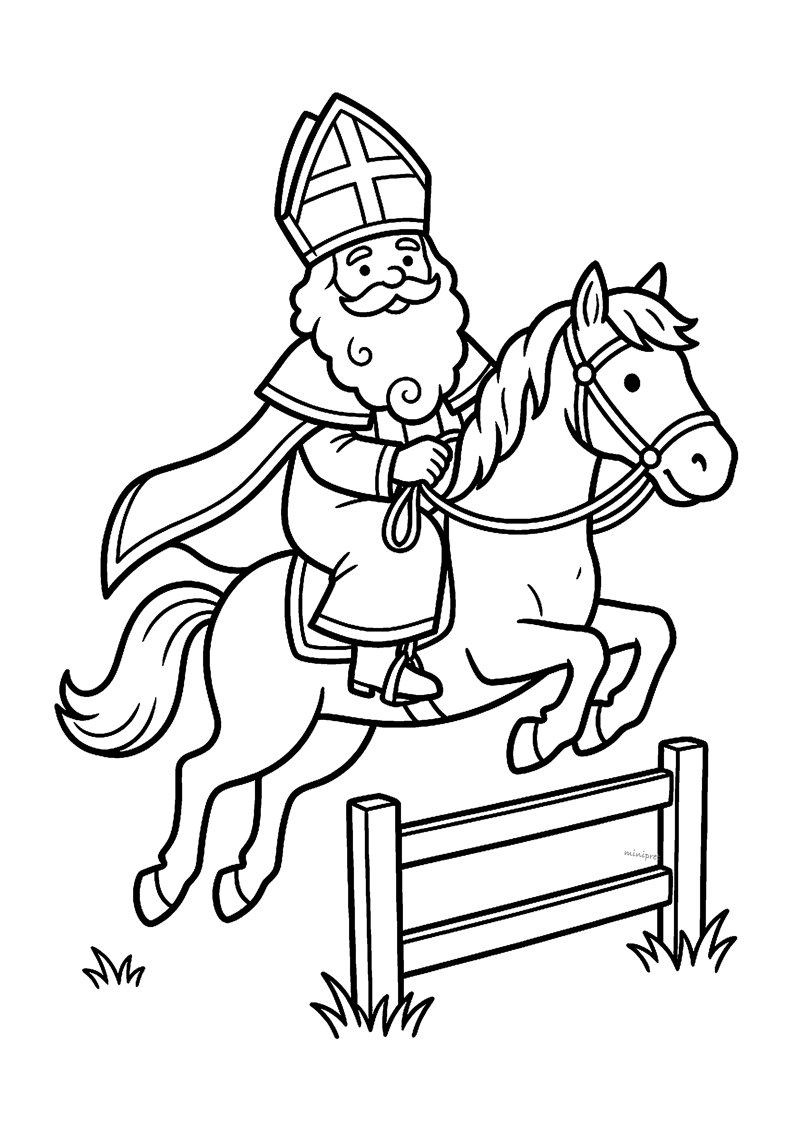 Kleurplaat van Sinterklaas op paard Ozosnel die over een houten hek springt