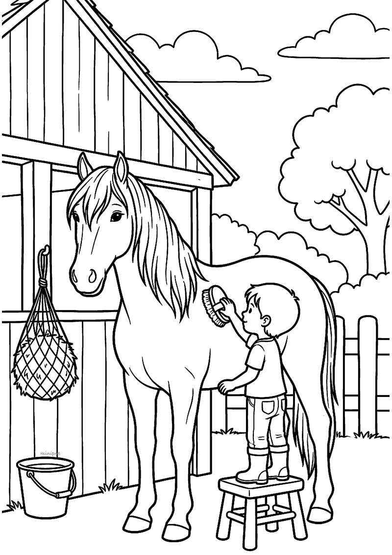 Kleurplaat van een kind dat op een krukje staat en een paard borstelt voor een houten stal, met hooinet en emmer