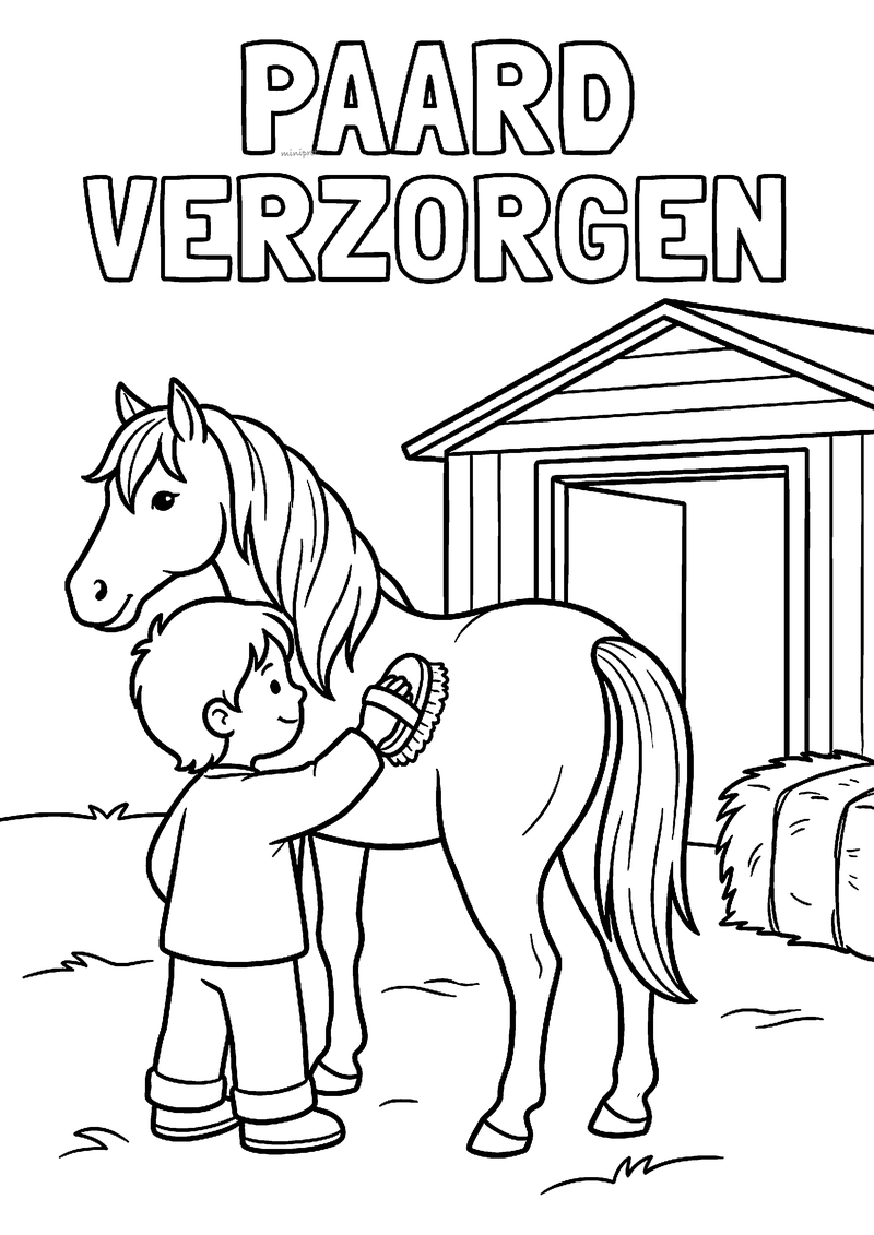 Kleurplaat van een jongen die een paard borstelt naast een stal met hooibaal, met de tekst Paard verzorgen