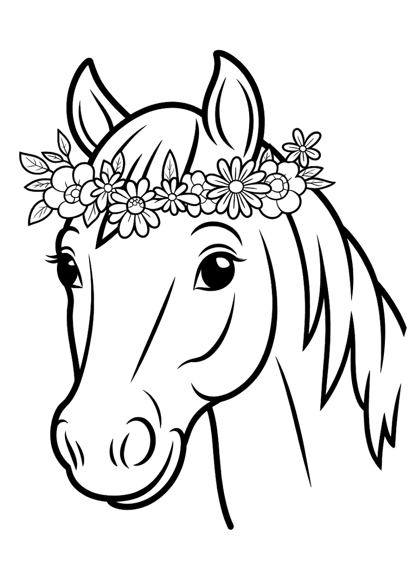 Kleurplaat van het hoofd van een paard met een sierlijke bloemenkrans van madelief-achtige bloemen in de manen