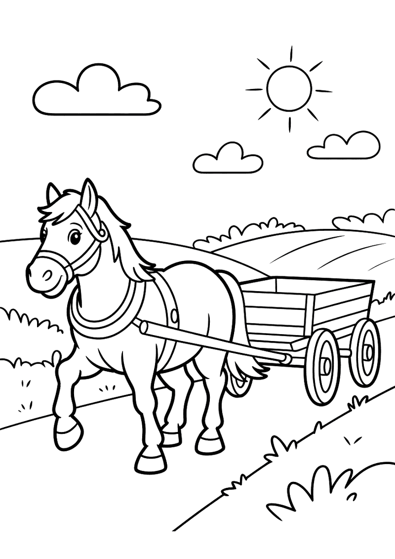Kleurplaat van een paard met tuig dat een houten kar trekt over een boerenpad met zon en wolken op de achtergrond
