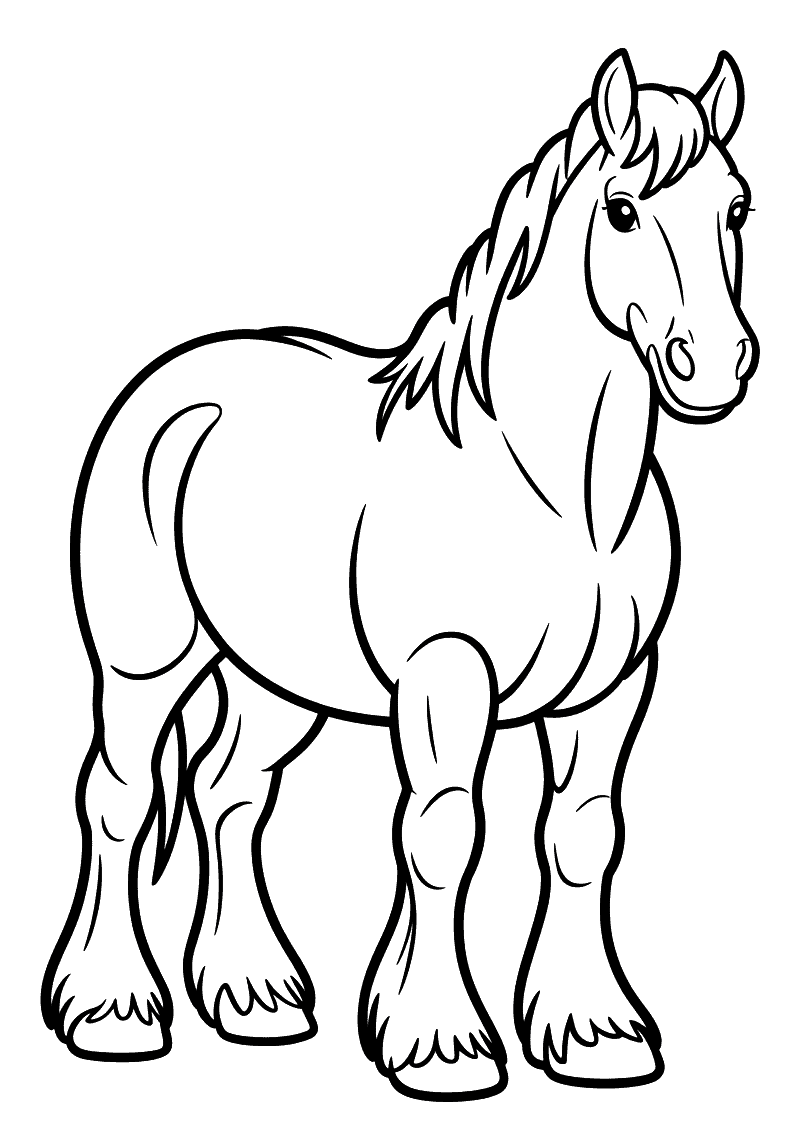 Kleurplaat van een imposante Clydesdale paard met volle manen en pluizige benen die rustig staat te kijken