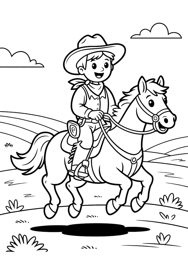 Kleurplaat van een jonge cowboy met hoed die galoppderend op zijn paard over een open graslandvlakte rijdt