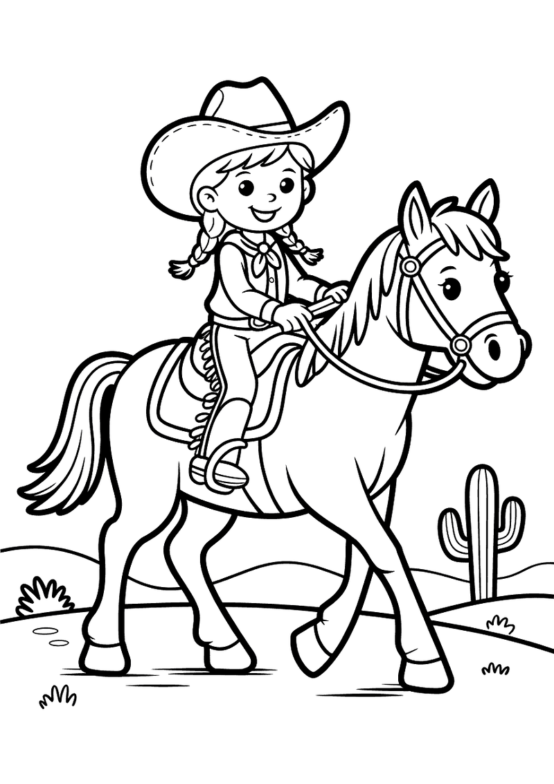 Kleurplaat van een meisje in cowgirloutfit met hoed dat op haar paard rijdt door een woestijnlandschap met cactus