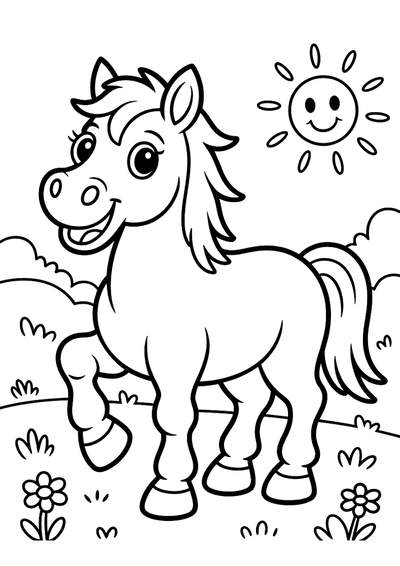 Kleurplaat van een vrolijk lachend paard dat dartelt op een zonnige dag tussen bloemen en grassprieten met een lachende 