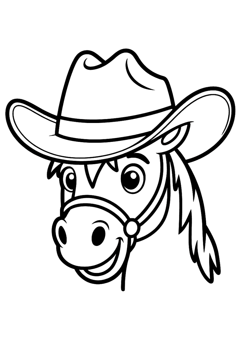 Kleurplaat van een grappig lachend paardenhoofd met grote brede cowboyhoed op, gezien van voor