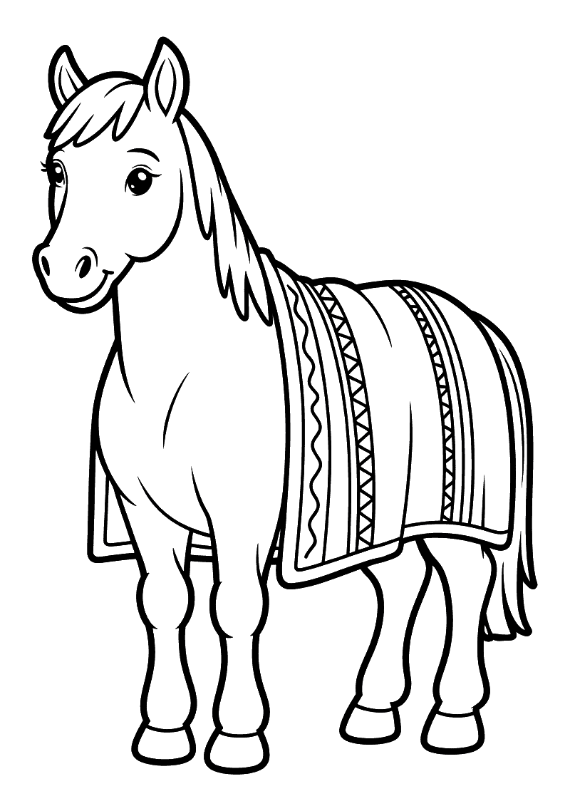 Kleurplaat van een rustig paard met een sierlijk versierde deken met zigzag-patronen over zijn rug gedrapeerd