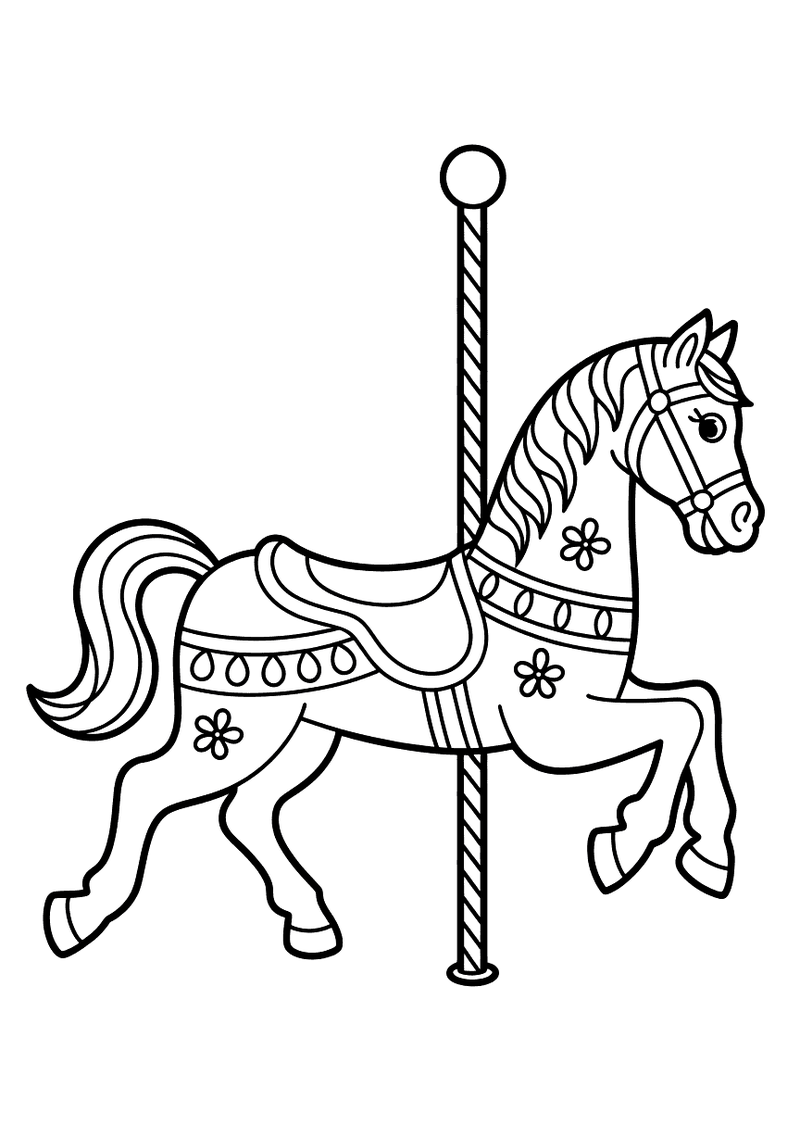 Kleurplaat van een sierlijk draaimolenpaard met versierd zadel en bloemenmotieven dat aan een verticale paal galloppeert