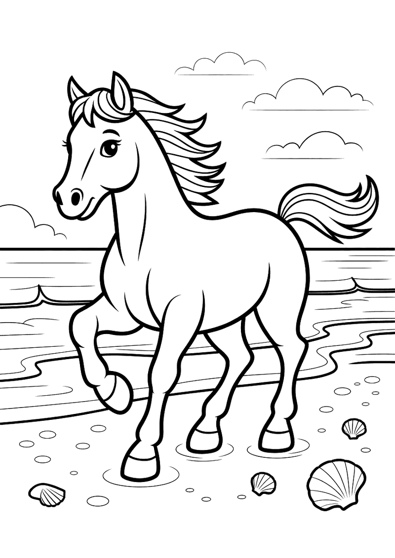 Kleurplaat van een paard dat draaft langs een strand met de zee op de achtergrond en schelpen op het zand