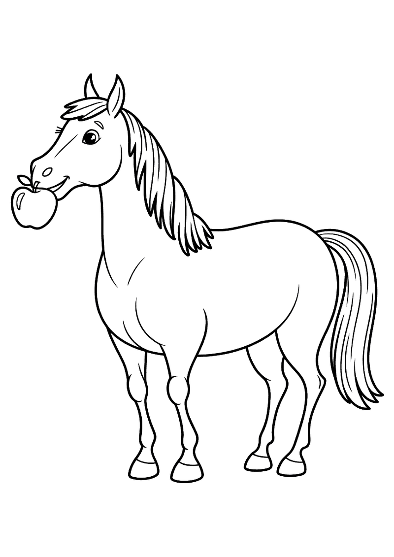Kleurplaat van een vriendelijk paard dat een rode appel vasthoudt in zijn bek en er smakelijk aan knabbelt