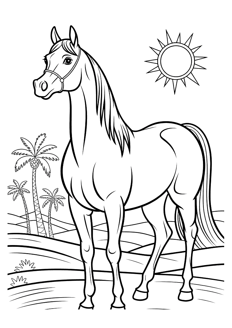Kleurplaat van een slank Arabisch paard dat trots staat in een woestijnlandschap met palmbomen en een stralende zon