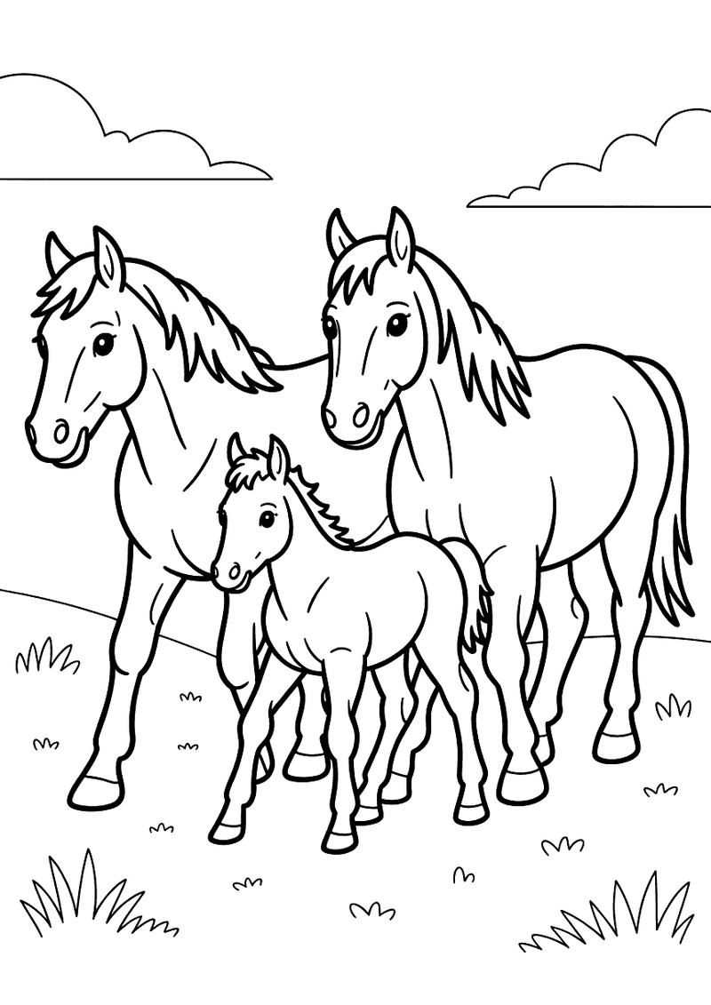 Kleurplaat van twee volwassen paarden en een klein veulen dat samen over een open weide loopt met wolken op de achtergro