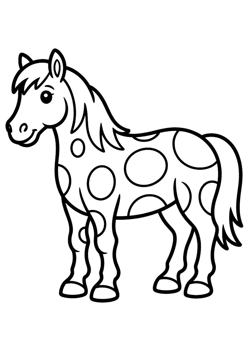 Kleurplaat van een schattig paard met grote ronde vlekken verspreid over zijn lichaam dat vriendelijk staat te kijken