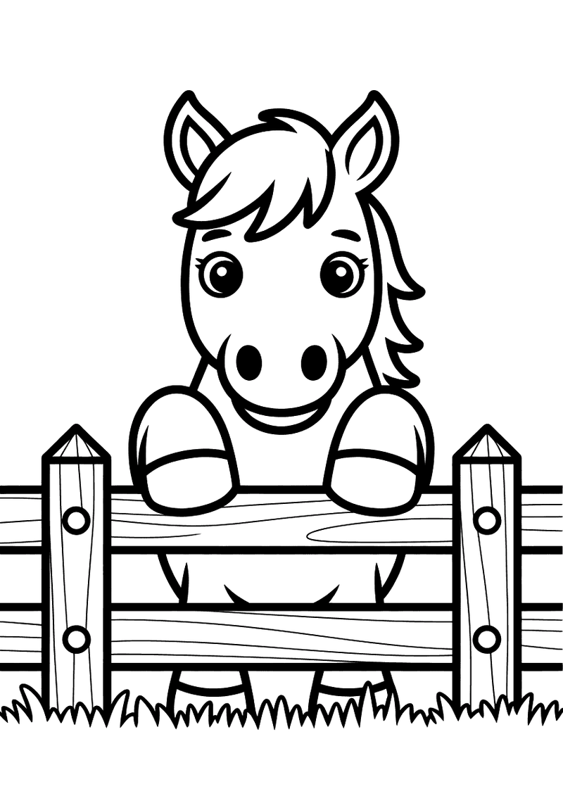 Kleurplaat van een schattig paard dat zijn hoofd en twee hoeven boven een houten hek uitsteekt en nieuwsgierig kijkt
