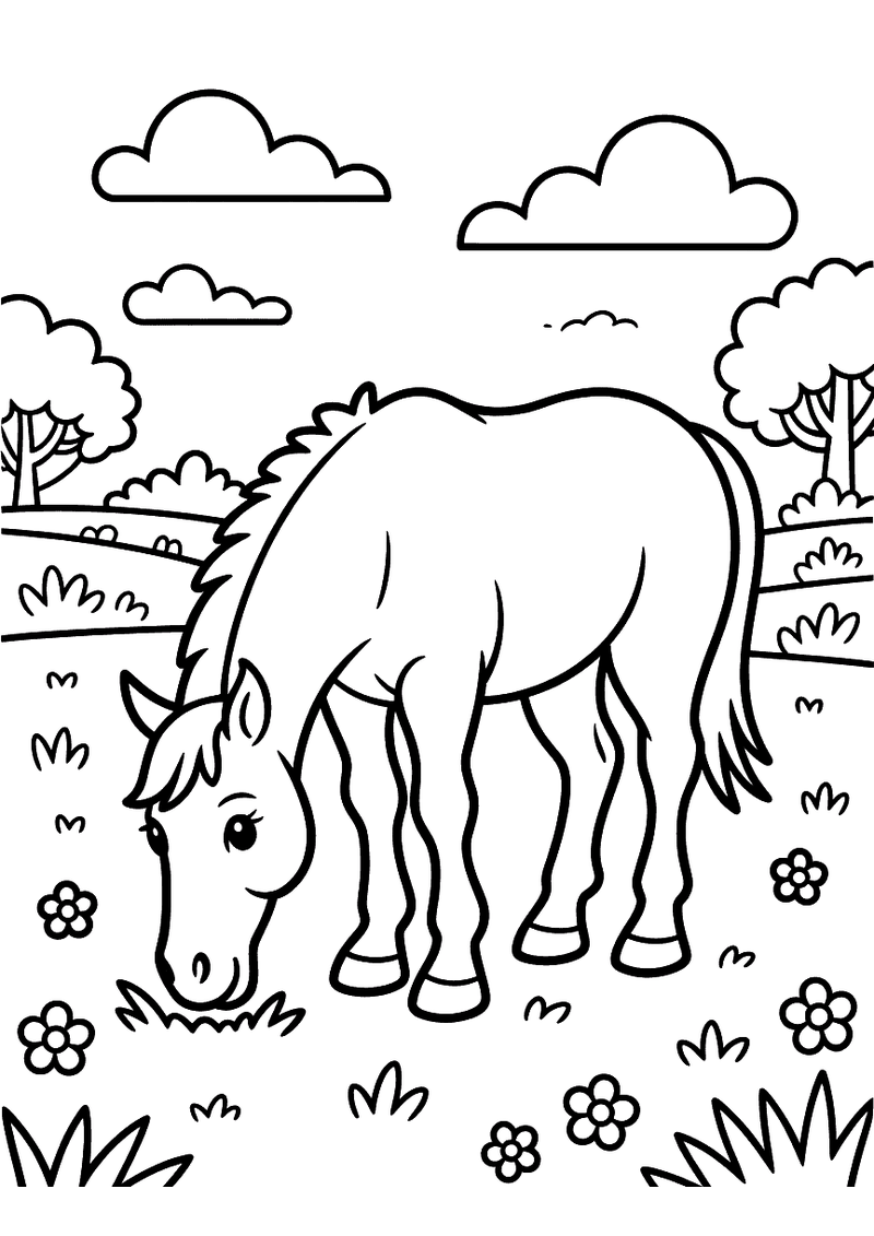Kleurplaat van een paard dat rustig graast in een weide met bloemen, bomen en wolken op de achtergrond