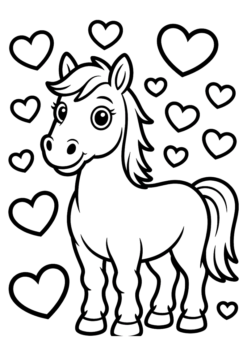 Kleurplaat van een schattig klein paard dat vrolijk staat te kijken omringd door grote en kleine hartjes