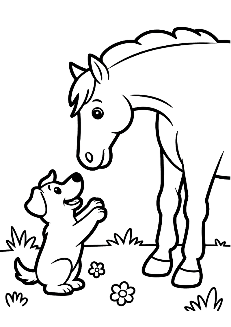 Kleurplaat van een paard dat zijn hoofd buigt naar een kleine hond die op zijn achterpoten staat en zijn poot opsteekt