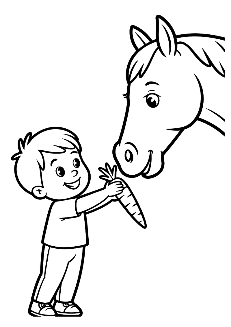 Kleurplaat van een lachende jongen die een grote wortel uitsteekt naar een groot paard dat zijn hoofd naar hem toe buigt
