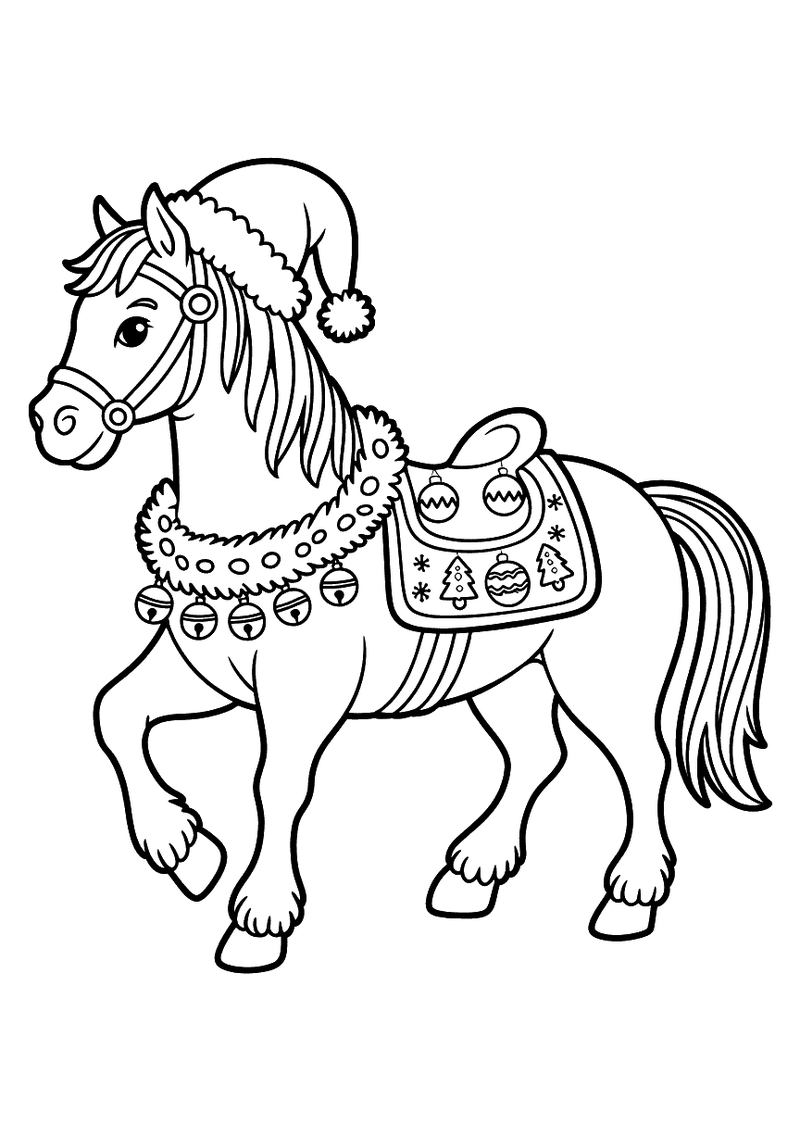Kleurplaat van een paard met een rode kerstmuts, kerstballen-deken op zijn rug en bellenslinger om de hals, feestelijk s