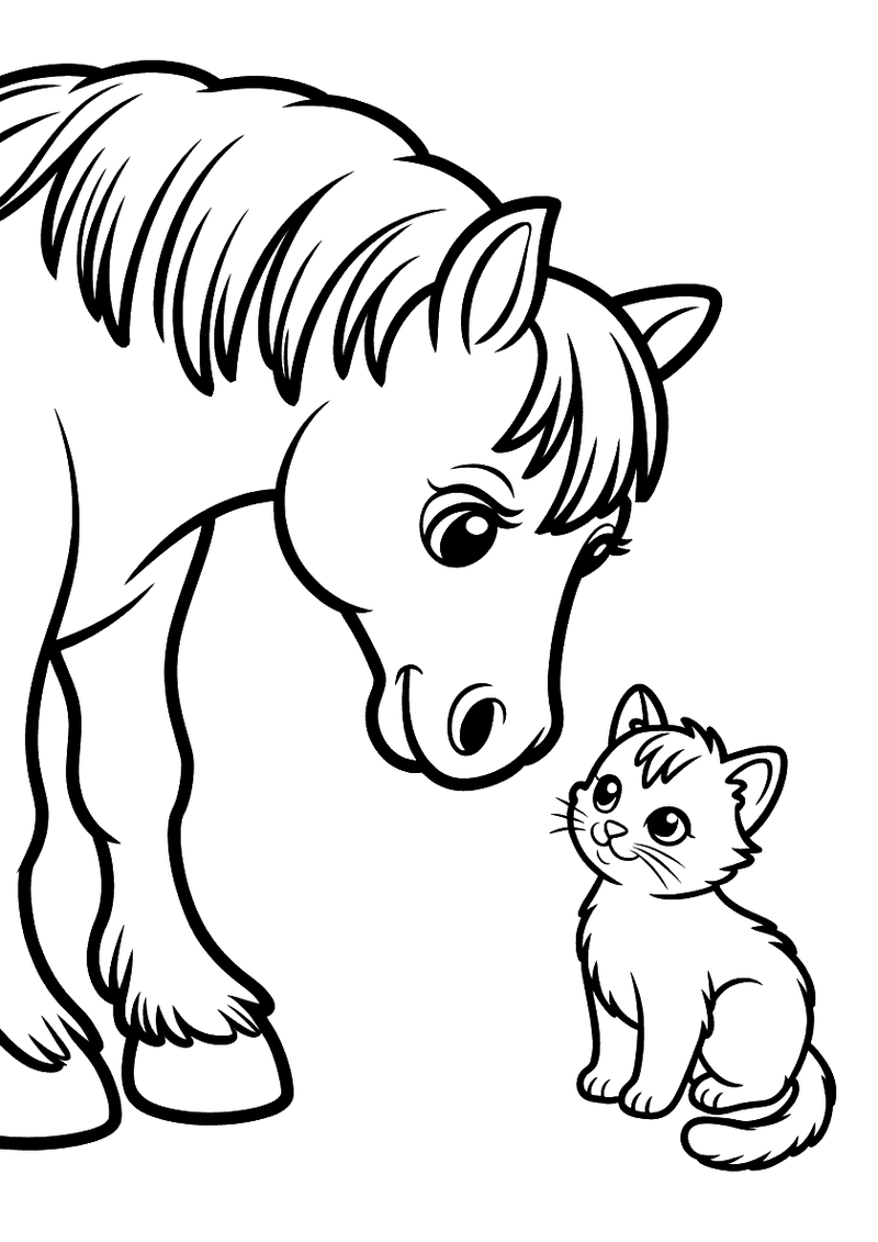 Kleurplaat van een paard dat zijn hoofd omlaag buigt naar een klein zittend kitten dat omhoog kijkt