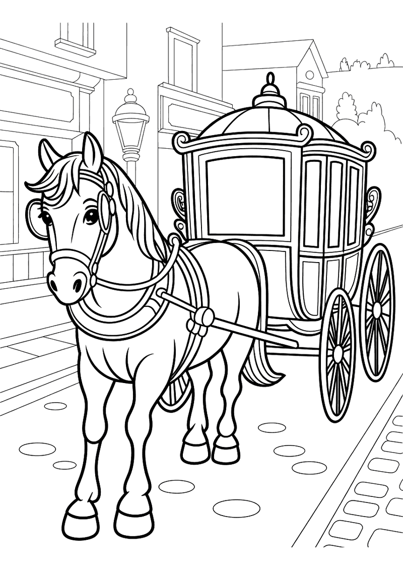 Kleurplaat van een paard in tuig dat een elegante gesloten koets trekt op een bestrate straat met lantaarnpalen op de ac