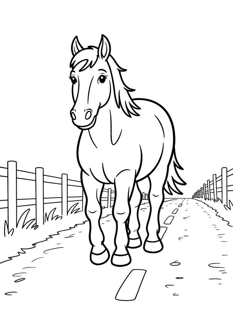 Kleurplaat van een paard dat recht op de kijker af loopt over een landweg met houten hekken aan weerszijden en gras op d