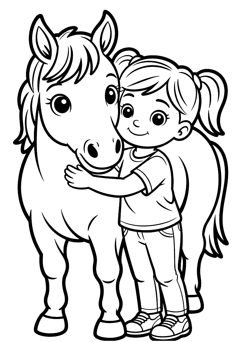 Kleurplaat van een meisje met staartjes dat haar armen om een paard slaat en haar wang tegen zijn hoofd drukt terwijl ze