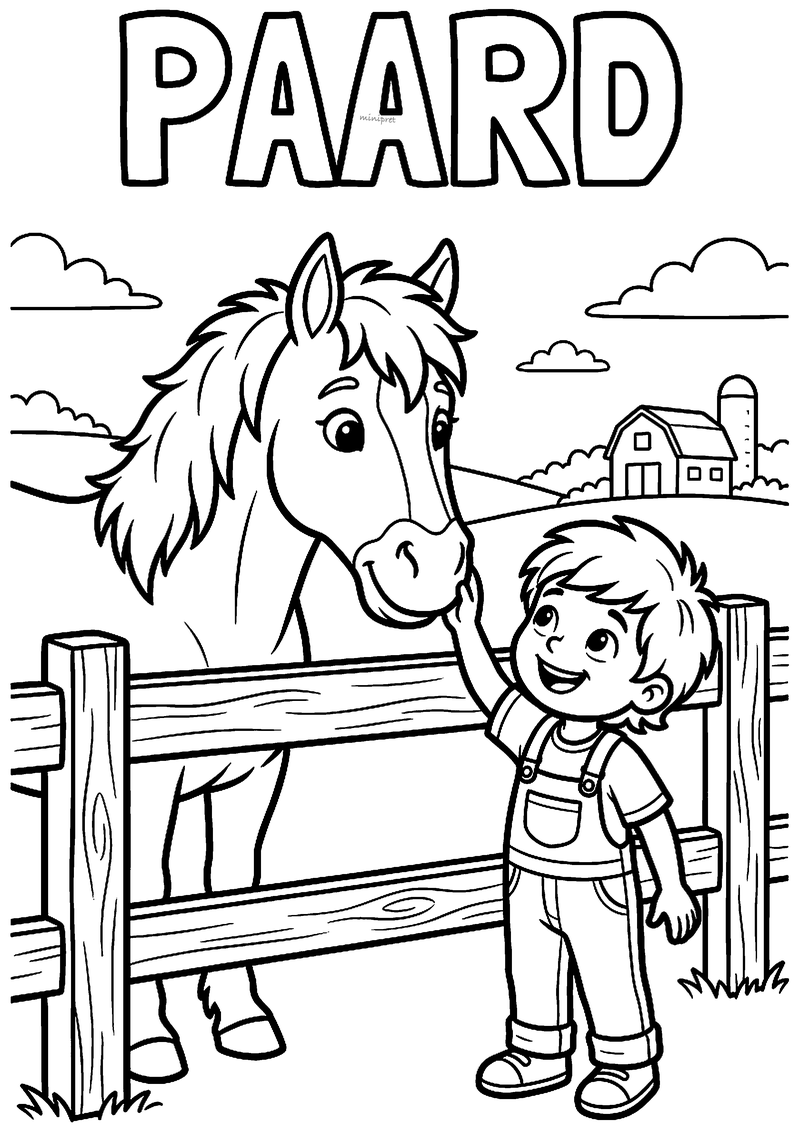 Kleurplaat met de tekst Paard: een paard met woeste manen buigt over een houten hek en een jongen aait zijn neus