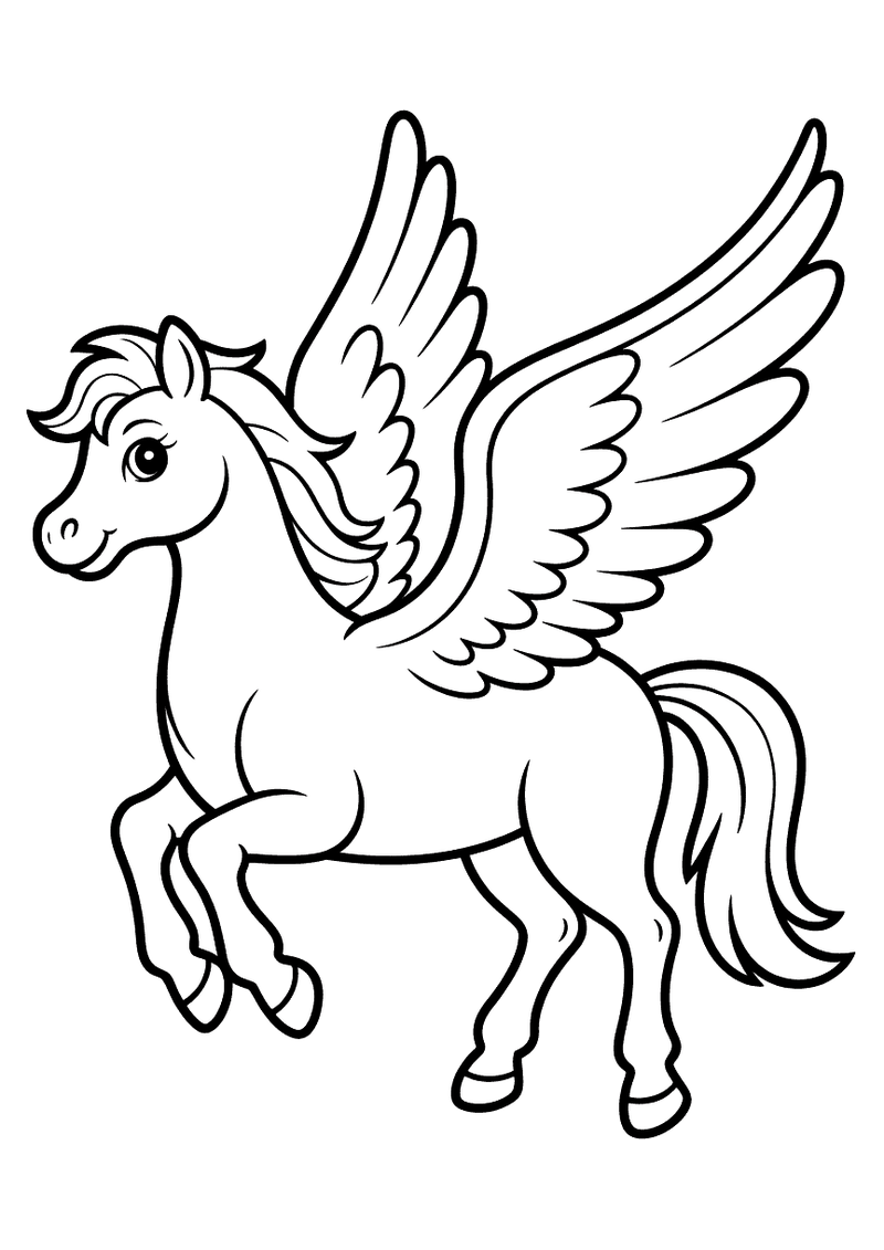 Kleurplaat van een Pegasus, een gevleugeld paard, dat steigert met grote gespreide vleugels en een volle manen staart op
