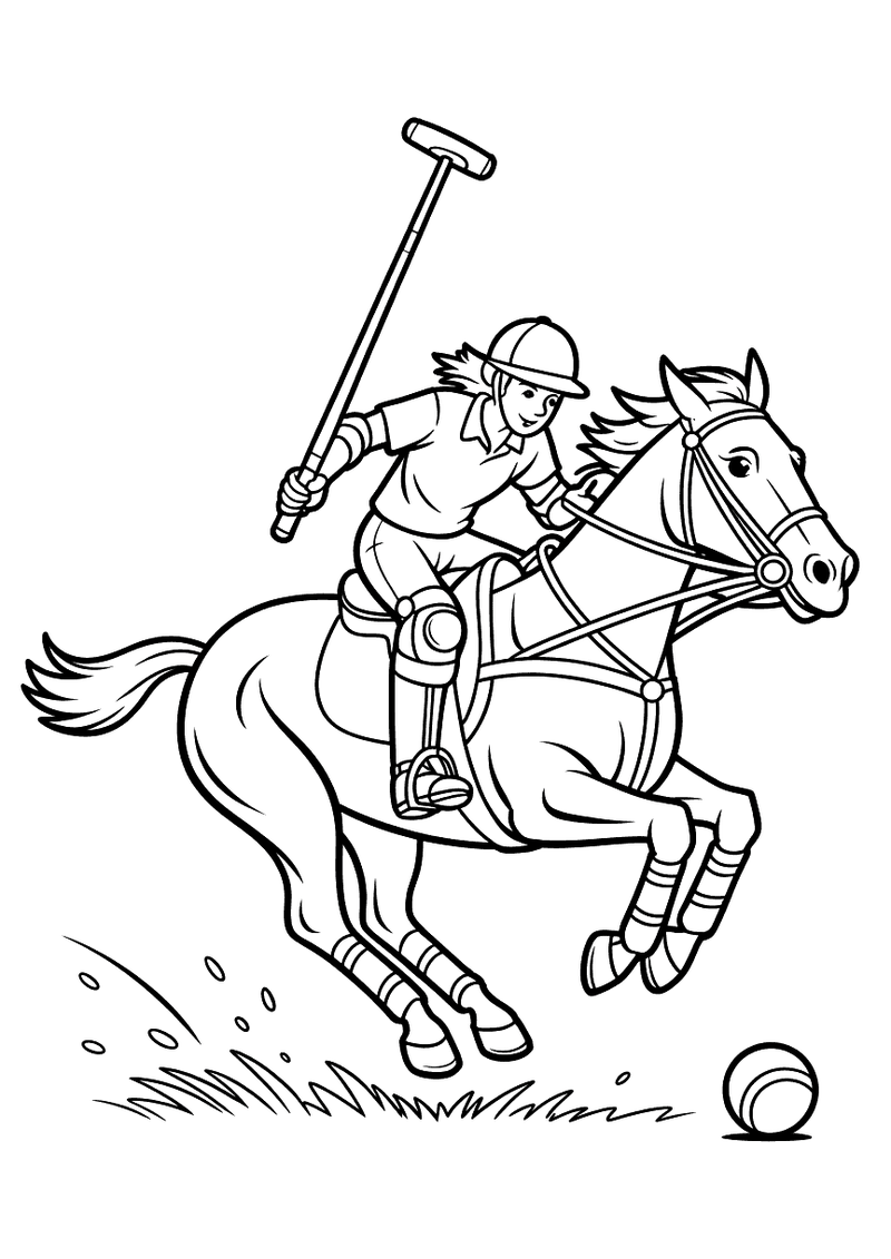 Kleurplaat van een polospeler in helm die op een gallopperend paard rijdt en met een lange mallet naar een bal op de gro