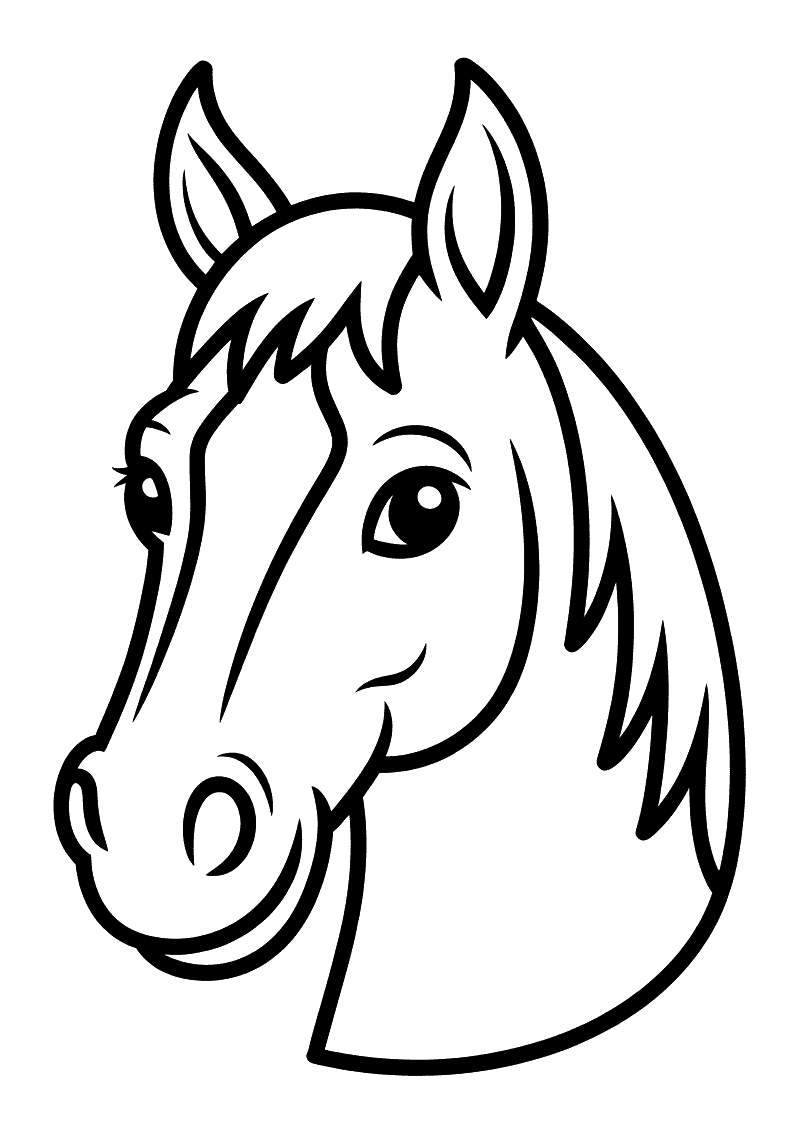 Kleurplaat van een close-up portret van een paardenhoofd met grote ogen, spitse oren en een volle manen op een witte ach