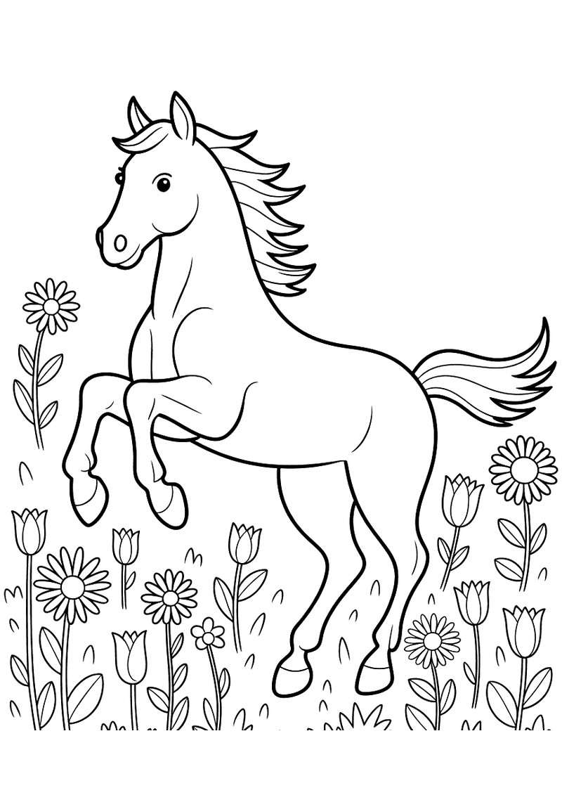 Kleurplaat van een paard dat steigert met opgeheven voorpoten in een veld vol bloemen waaronder tulpen en zonnebloemen r