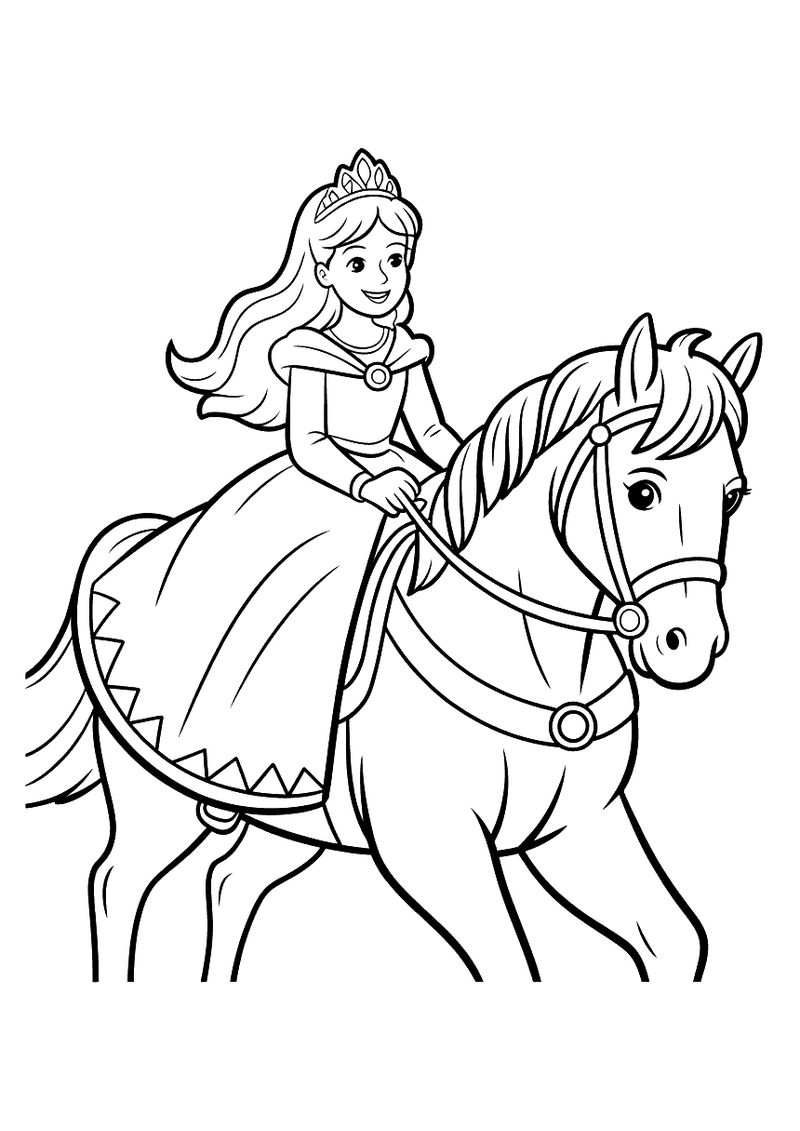 Kleurplaat van een prinses met kroon en lange jurk die lachend op een groot paard rijdt met teugels in haar hand