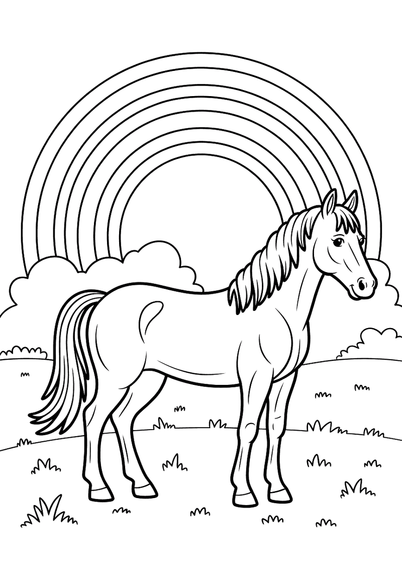 Kleurplaat van een paard dat in een weide staat met een grote regenboog en wolken op de achtergrond en gras op de voorgr