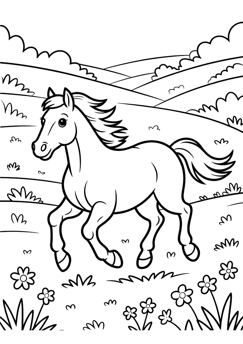 Kleurplaat van een paard dat vrolijk rent door een bloemrijke weide met glooiende heuvels en struiken op de achtergrond