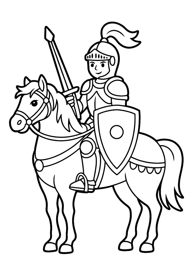 Kleurplaat van een ridder in volledig harnas met helm, lans en schild die op een groot paard zit met een versierd dek