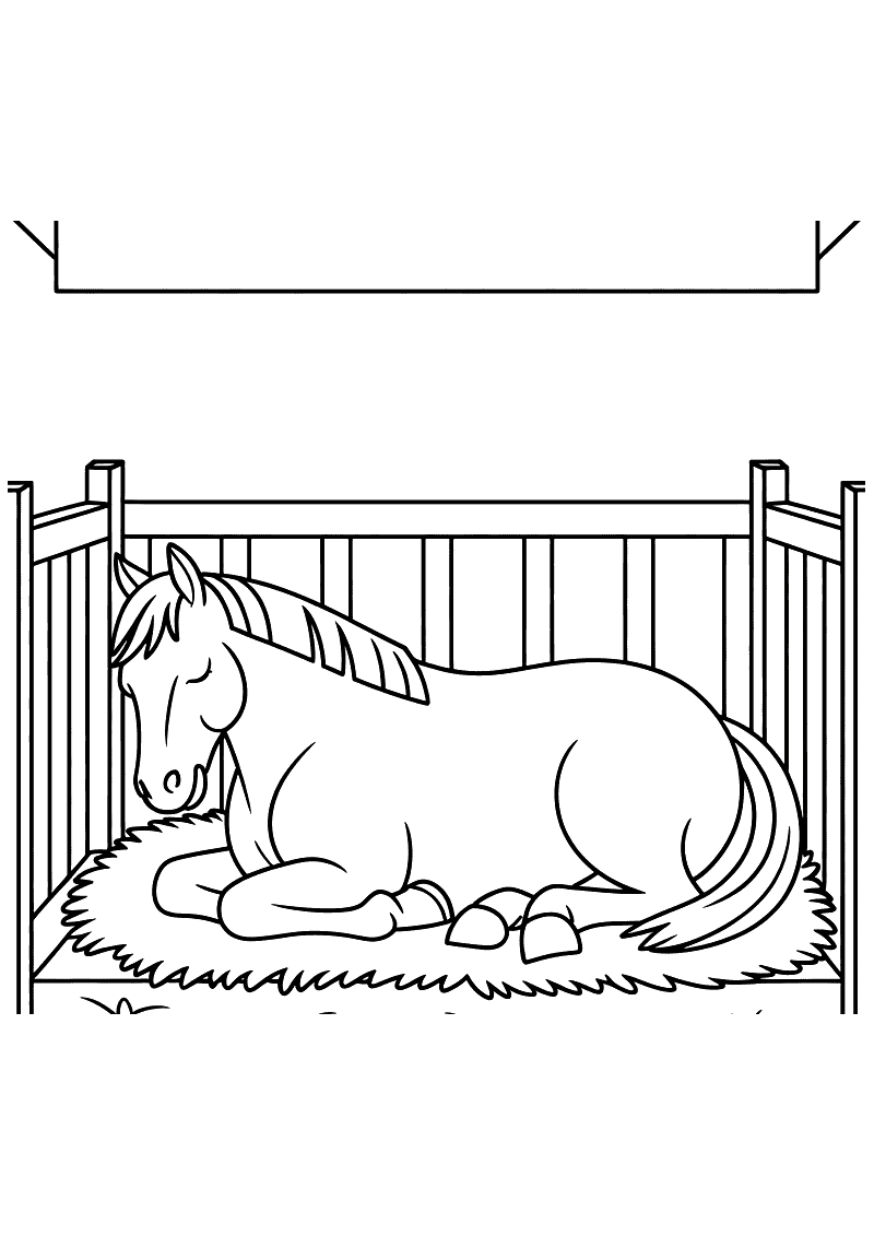 Kleurplaat van een paard dat met gesloten ogen liggend slaapt op een bed van hooi binnen een houten stalbox met hekken r