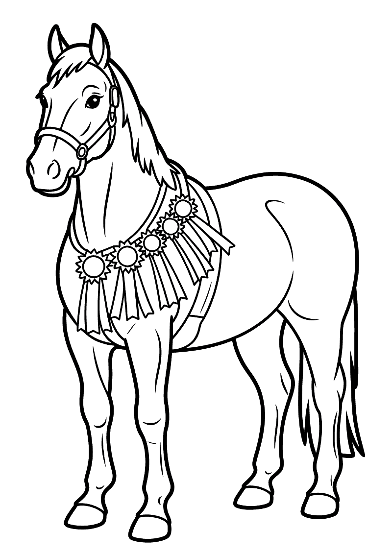 Kleurplaat van een trots paard dat met een halster op staat en een slinger van grote prijsrozetten om de hals draagt