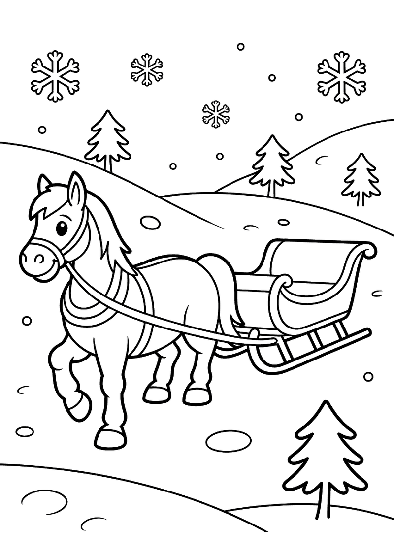 Kleurplaat van een paard in tuig dat een houten slee trekt door een besneeuwd landschap met dennenbomen en sneeuwvlokken